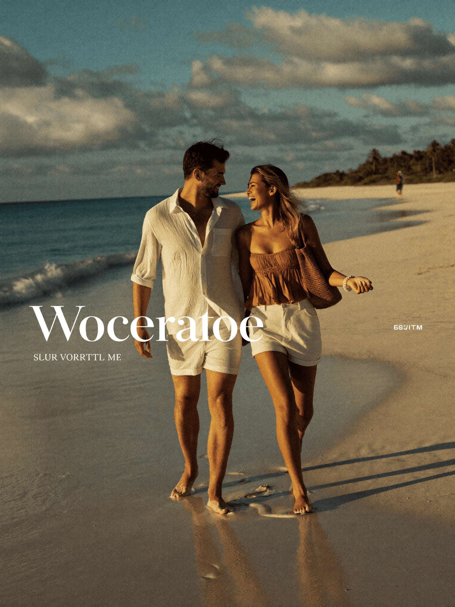 A couple walking barefoot along a sunlit beach at golden hour