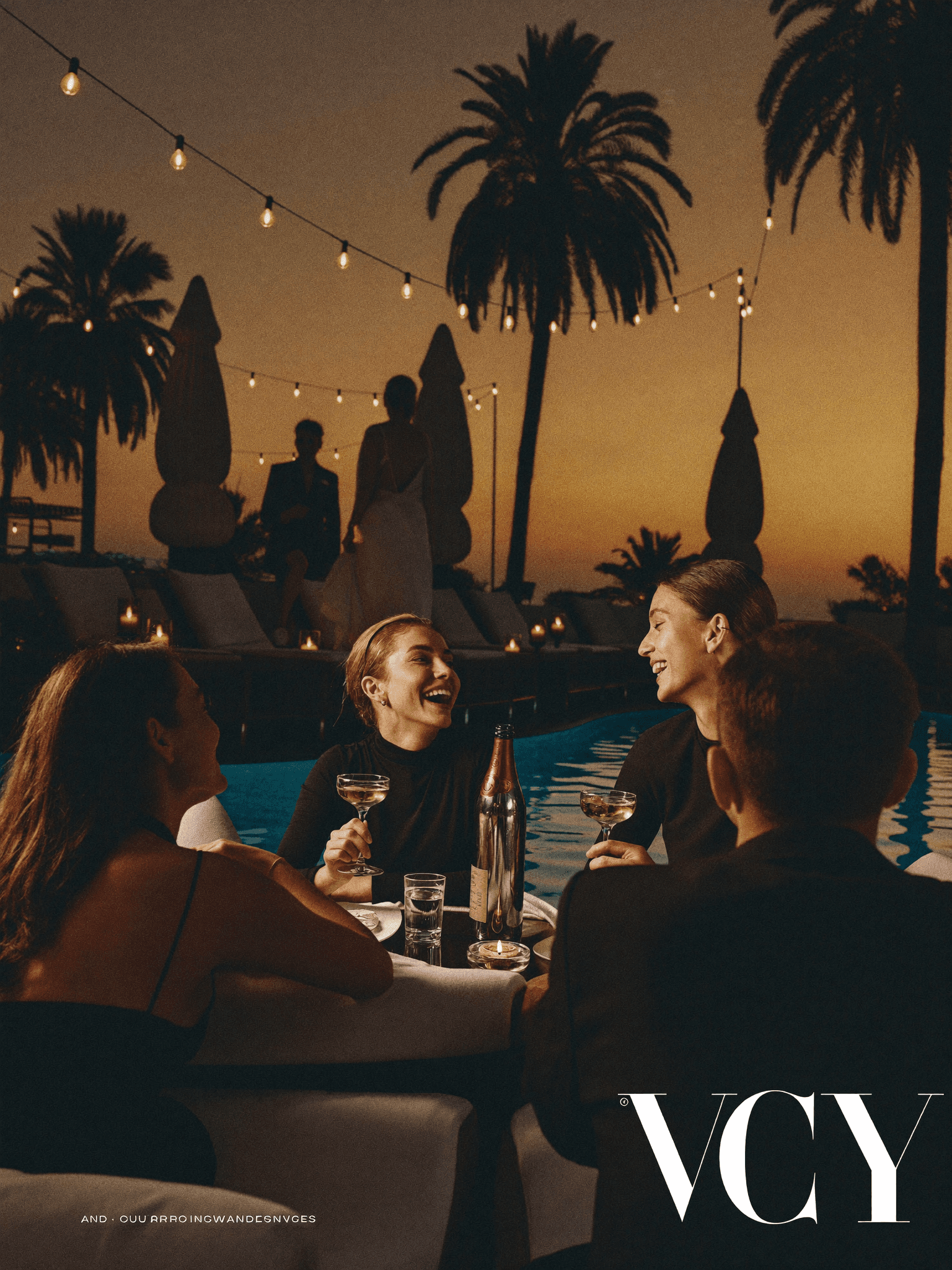 An elegant poolside gathering at a resort at dusk, lit by string lights